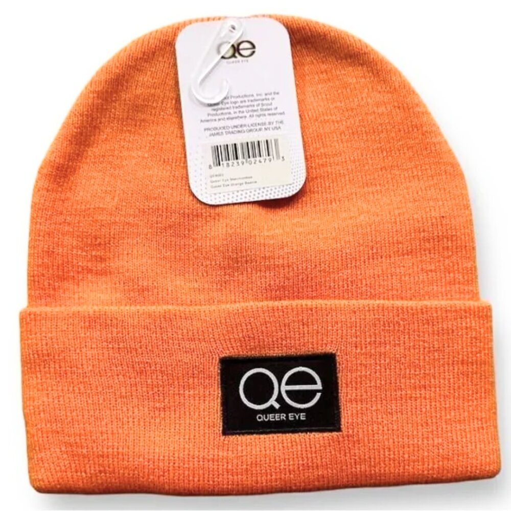 NEW Queer Eye Show QE‎ Bright Orange Knit Winter Cap Hat Beanie Black Logo Patch